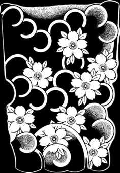 a black and white drawing with flowers on it