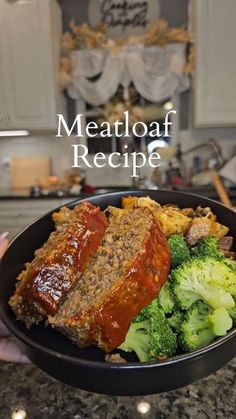 meatloaf recipe with broccoli and carrots in a bowl on the counter