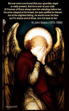 an angel with his hands to his face and the words, st john bosco