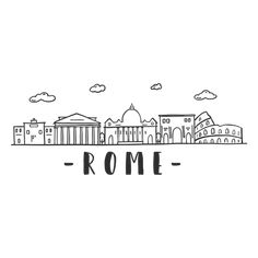 the word rome written in black ink on a white background with buildings and clouds around it