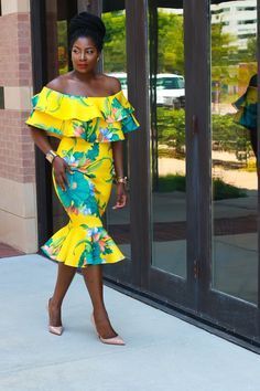 Yellow Off Shoulder Frills | Irony of Ashi Brunch Dresses, Outfit Ideas Black Women, Outfit Ideas For Black Women, Outfit Ideas Black, Summer Outfit Ideas, Ankara Dress, African Print Dresses, African Men Fashion