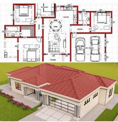 the floor plan for a house is shown in red and white, with two separate rooms