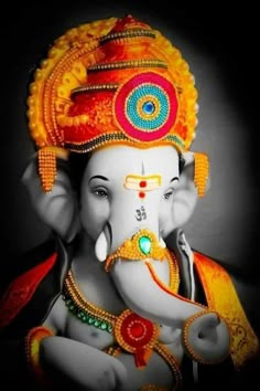 an image of the god ganesha in black and white with red, yellow and green colors