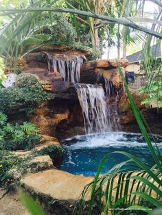 a small waterfall in the middle of a pool surrounded by greenery and palm trees