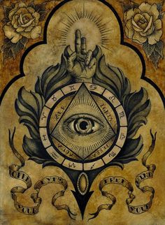 an all seeing eye surrounded by two snakes and roses, with the third eye in the center