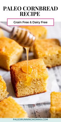 a piece of cornbread is being drizzled with honey