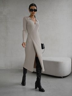 Ribbed-knit wrap midi dress :: LICHI - Online fashion store Woolen Dresses, Hepburn Style, Club Party Dresses, Long Sleeve Sweater Dress, Knitted Dress, Mid Dresses, Knit Midi, Long Sleeve Midi, Knit Midi Dress