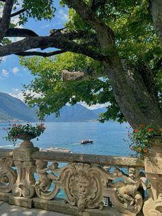 a balcony overlooking the water with flowers and trees