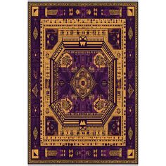 a purple and yellow rug with an intricate design