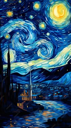 the night sky with stars and clouds painted on it, as well as some buildings