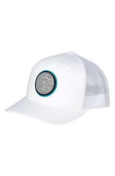 a white trucker hat with a circular design on the front and side, against a white background