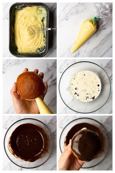 the steps to making chocolate cake in a glass bowl