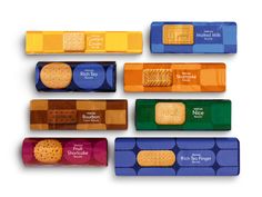 six different types of biscuits and crackers are arranged in the shape of rectangles