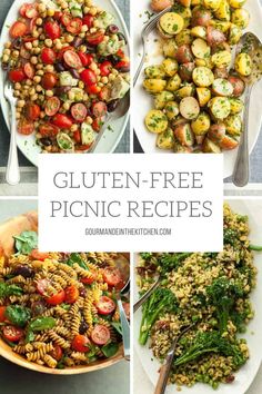 four different pictures with the words gluten - free picnic recipes on top and bottom