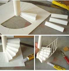 the steps are made out of white construction paper and paintbrushes on the floor