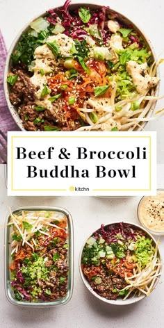 beef and broccoli buddha bowl is shown in three bowls with the title above it