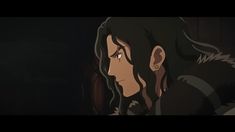 an animated image of a man with black hair and eyes looking at something in the dark