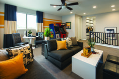 a living room filled with furniture and a ceiling fan