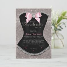 a bachelor party card with a pink bow on the front and silver glitter in the back