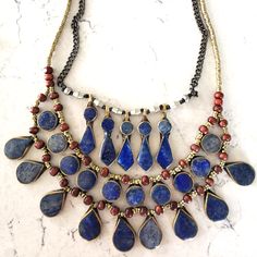 Beautiful Custom Layered Lapis & Silver Necklace From Pakistan! Gorgeous In Person! Adjustable Blue Bib Necklace For Festivals, Adjustable Blue Bib Necklaces For Festivals, Adjustable Royal Blue Bohemian Jewelry, Adjustable Bohemian Royal Blue Jewelry, Middle Eastern Jewelry, Jewelry Silver, Middle Eastern, Middle East, Blue Gold