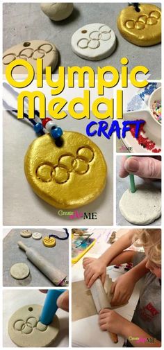 Olympic Medal clay necklace, kids Olympics art project Olympic Medal Craft, Medal Craft, Summer Olympics Crafts, Triangle Wreath, Summer Olympics Activities, Preschool Olympics, Olympic Games For Kids, Olympic Idea, Kids Olympics