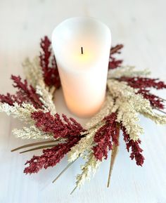 a white candle sitting on top of a table