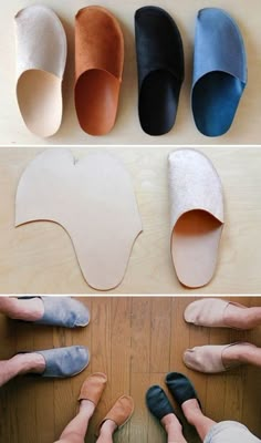 four different types of slippers on top of a wooden floor and bottom one is made from