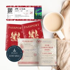 a passport, ticket and coffee on a table