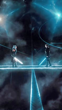 two people standing in front of a mirror with their lights on and one person holding a light saber