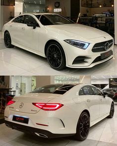 two pictures of the front and back of a white mercedes car in a showroom