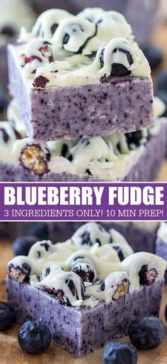 three blueberry fudge bars stacked on top of each other with white frosting