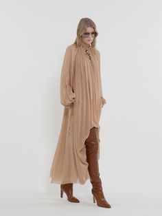 Chloé Mock Neck Gathered Long Dress In Silk Georgette | Chloé US Chloe 2024 Fall, Chloe Boho Style, Chloe Ss25, Flowy Dress With Boots, Georgette Outfits, Chloe 2025, Chloe Clothes, Maxi Dress Styling, Boho Glam Fashion