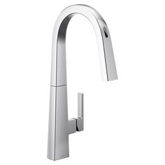 a chrome faucet on a white background with the water running from it's spout