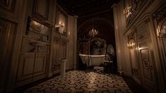 an old fashioned bathroom is lit up by candles and chandeliers in the dark