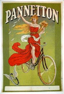 an advertisement for pannetton on a bicycle with a woman in red dress