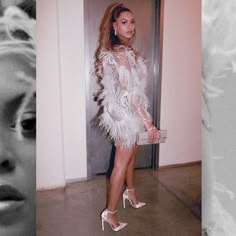 a woman in a white feathered dress and high heels is posing for the camera