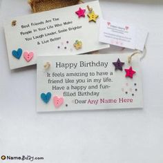 two personalized birthday tags on a table with a teddy bear next to them and a message for someone's birthday