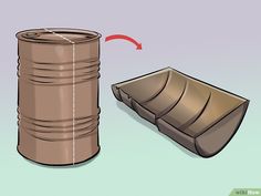 a brown barrel next to a metal container with a red arrow pointing up at it