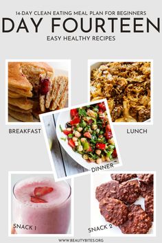 the four day meal plan for beginners is shown with pictures of food and drinks