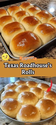 a pan filled with rolls sitting on top of a counter next to an image of texas roadhouse's rolls