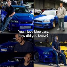 a man standing next to a blue car with the caption'yea, i love blue cars, how did you know? '