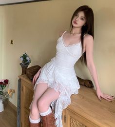 Daisy Wings White Lace Fairycore Coquette Dress Coquette Dress, Sling Dress, Lace Midi Dress, Lace Ruffle, Mid Length Dresses, Summer Dresses For Women, Dress Accessories, Mid Length, White Lace