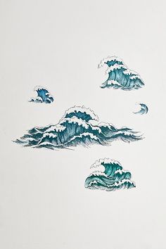 an artistic drawing of waves in the sky and clouds above them on a white background