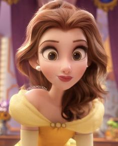 the princess from disney's beauty and the beast is posing for a photo in her yellow dress