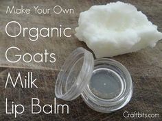 organic goats milk and lip balm on a wooden table with text overlay that reads make your own organic goats milk & lip balm