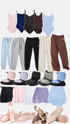 various types of ballet clothes and shoes