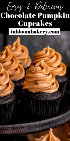 chocolate cupcakes with peanut butter frosting are on a black plate and the title reads easy & delicious chocolate pumpkin cupcakes