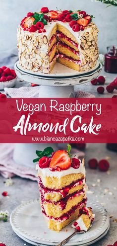 vegan raspberry almond cake with fresh strawberries on the top and bottom