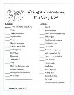 a printable packing list is shown with the words going on vacation in black and white