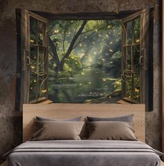 an open window with fairy lights shining in the forest, overlooking a river and trees